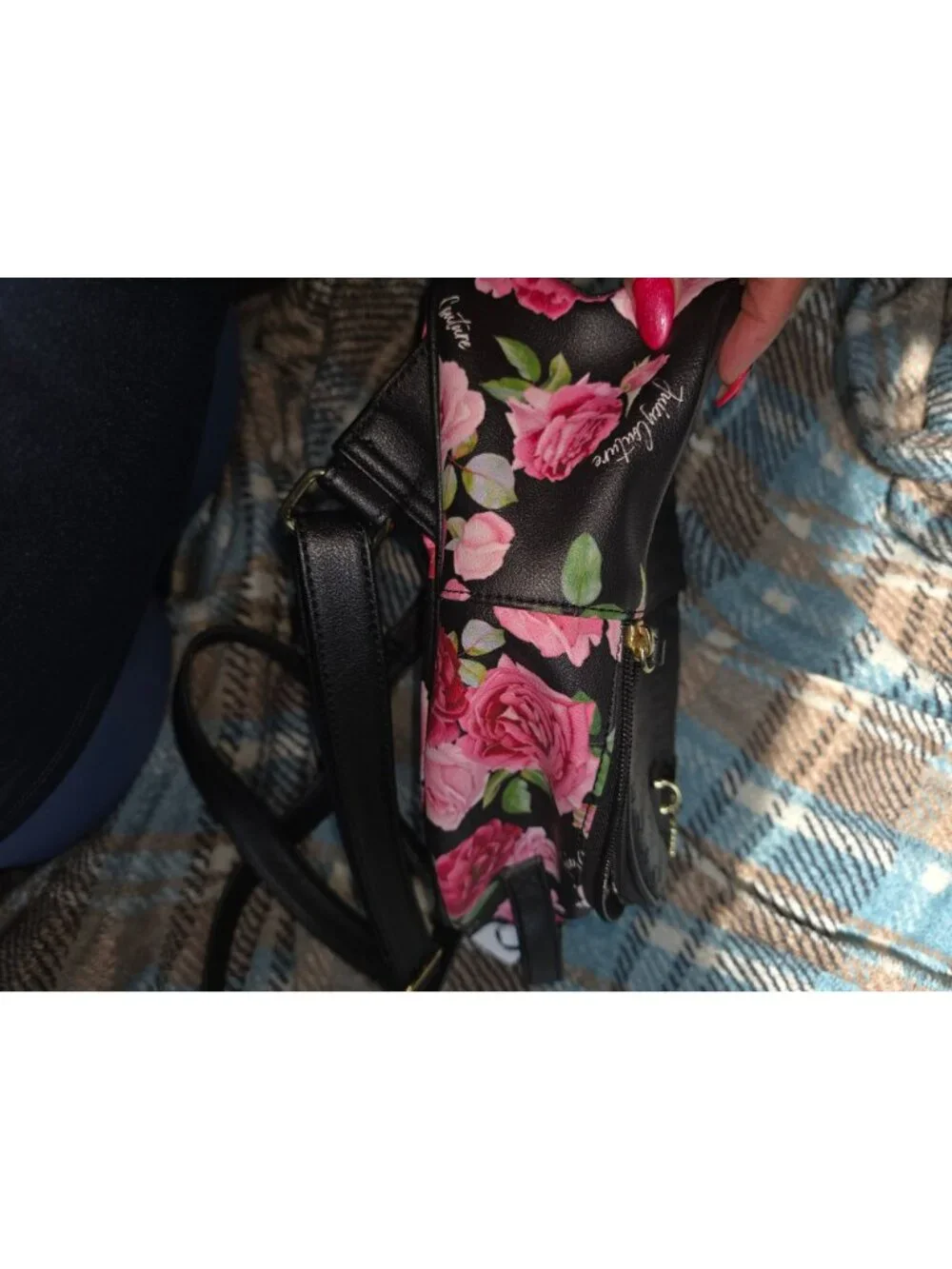 Juicy Couture Black & Pink Floral Mini Backpack With Adjustable Straps & Gold Ch